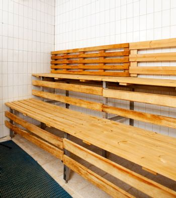 a wooden sauna bench